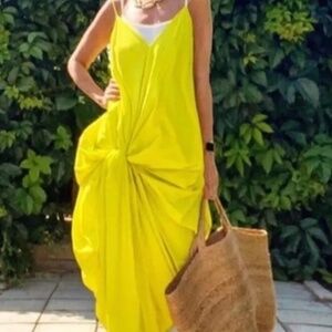 Zara Neon Yellow Highlighter Front Knot Dress Blogger’s Favorite Sz S